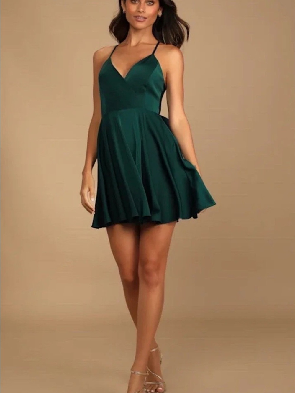 Lulus Green Satin Mini Dress Spaghetti Strap V-Neck Size S New with Imperfetions